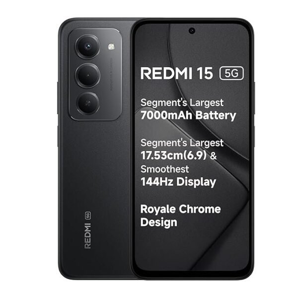 Redmi 15 5G Midnight Black 8GB + 256GB | Segment's Largest 7000mAhA Battery | Segment's Largest Display 17.53cm(6.9) Up to 144Hz | Snapdragon 6s Gen 3 | 18W Reverse Charging | 50MP AI Dual Camera