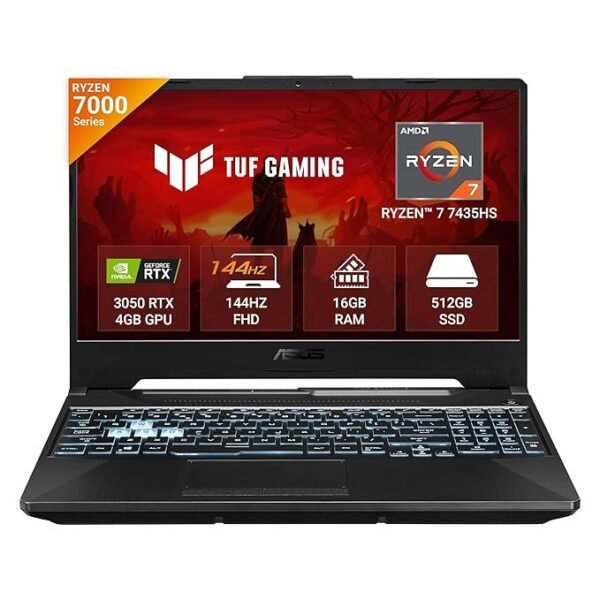 ASUS TUF Gaming A15, AMD Ryzen 7 7435HS Gaming Laptop(NVIDIA RTX 3050-4GB/60W TGP/16GB RAM/512GB SSD/FHD/15.6"/144Hz/RGB KB/48WHr/Windows 11//Graphite Black/2.30 Kg) FA506NCR-HN054W